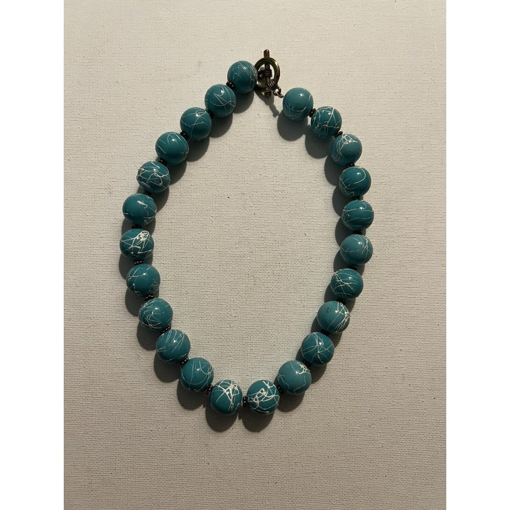 Huge 15mm Blue Round Faux Turquoise with White Drizzle on Beads Choker Necklace